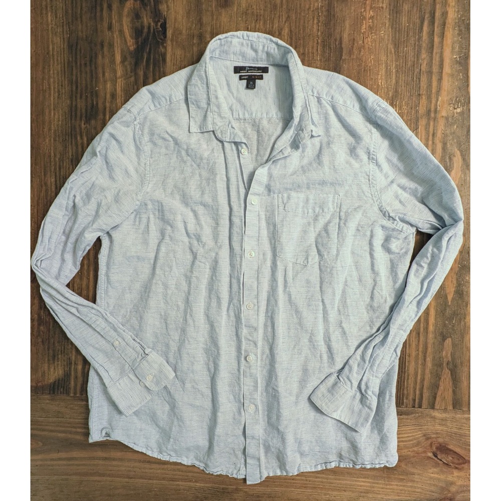 Marc Anthony Linen Cotton Luxury Slim Fit Button Down Shirt Blue Striped XL